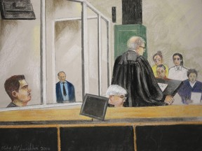 An artist's sketch shows Luka Rocco Magnotta (L) looking on as Crown prosecutor Louis Bouthillier gives his closing arguments to the jury during his trial in Montreal, December 11, 2014. (REUTERS/Mike McLaughlin)