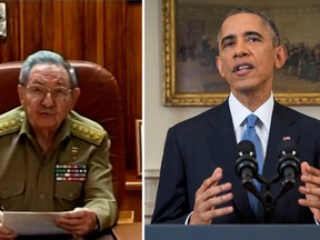 Cuba's President Raoul Castro speaks to the nation via public television in Havana December 17, 2014. U.S. President Barack Obama announces a shift in policy toward Cuba while delivering an address to the nation from the Cabinet Room of the White House in Washington, December 17, 2014. (REUTERS/Cuba TV and REUTERS/Doug Mills/ Pool)