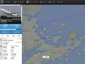 An Air Canada flight from London's Heathrow Airport to Toronto's Pearson International Airport was diverted to Halifax. (Screenshot via flightradar24.com)