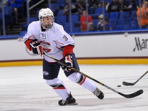 Team Olczyk Noah Hanifin during warm-ups at the All-American hockey prospects game in Buffalo, N.Y. on Sept. 25, 2014. (PATRICK MCPARTLAND/QMI AGENCY)