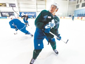 Maple Leafs winger David Booth takes a peek over his shoulder at practice at the MasterCard Centre on Wednesday. Booth notched his first goal of the season in the Leafs’ 6-2 win over Anaheim on Tuesday. (Ernest Doroszuk/Toronto Sun)