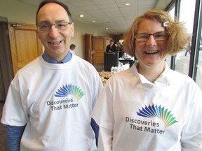 George Mallay, general manager of the Sarnia-Lambton Economic Partnership, and Alison Mahon, with the Community Roundtable, were part of the unveiling Thursday of Discoveries That Matter, a new brand logo and tag line for the community. PAUL MORDEN/ THE OBSERVER/ QMI AGENCY