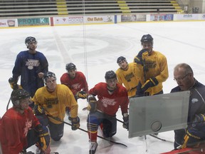 Blues coach Don MacGillivray draws up a plan for the Blues at the IcePlex this week.