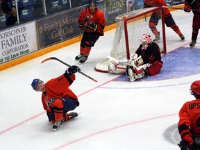 Danton Ayotte, seen here celebrating a goal during an exhibition game in 2013, was suspended for the calendar year by the AJHL. (Robert Murray/QMI Agency)