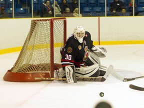 Rookie goalie Cornel Felder made 30 saves to help the Sarnia Legionnaiers to a 3-2 overtime win over the St. Thomas Stars Thursday. Included in his stops was a great breakaway save late in the third period. (Anne Tigwell / Special to The Observer)