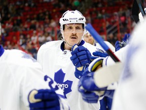 Maple Leafs’ Dion Phaneuf celebrates his goal against the Hurricanes in Raleigh, N.C., on Thursday night. (USA TODAY SPORTS/PHOTO)
