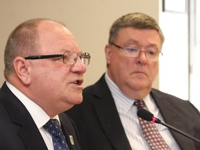 JOHN LAPPA/THE SUDBURY STAR
Greater Sudbury Mayor Brian Bigger, left, and Jim Marchbank, co-chair of the Strategic Plan Steering Committee, take part in the launch of Greater Sudbury's planning and consultation process for the 10-year economic development strategic plan at Tom Davies Square on Thursday.