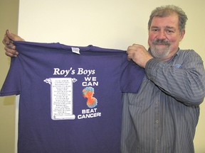 Roy Bovin  of Chatham is selling t-shirts with all proceeds going to cancer research.
Blair Andrews/Chatham This Week/QMI Agency