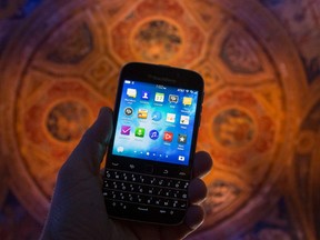 The new Blackberry Classic smartphone is shown during a display at the launch event in New York, Dec. 17, 2014. REUTERS/Brendan McDermid