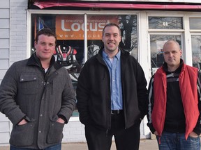 Standing outside All Seasons Sports Exchange on Broadway (generous supplier of used equipment) are Eric Britton, Tillsonburg Kinsmen's Dave Martin, and Dan Dube, who are coordinating this year's Hockey for Everyone program in Tillsonburg. (CHRIS ABBOTT/TILLSONBURG NEWS)