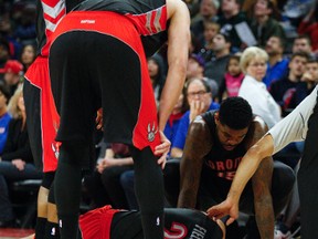 Landry Fields lies on the court after landing on the back of his head in the second half of Friday night's game at The Palace. Fields was cut open for eight stitches but was otherwise OK. (RAJ MEHTA, USA TODAY)