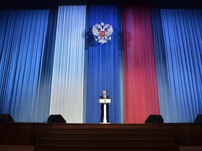 Russia's President Vladimir Putin speaks at a concert honouring past and present security service staff at the State Kremlin Palace in Moscow, December 20, 2014.  REUTERS/Alexei Druzhinin/RIA Novosti/Kremlin