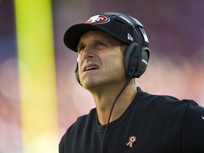 Head coach Jim Harbaugh of the San Francisco 49ers looks on from the sidelines against the St. Louis Rams during the first quarter at Levi's Stadium on November 2, 2014. (Thearon W. Henderson/Getty Images/AFP)