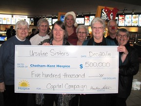 The Ursuline Sisters of Chatham donated $500,000 to the Chatham-Kent Hospice Capital Campaign. The large contribution was announced Dec. 20 at the Galaxy Cinemas, the site of the campaign's wrap-up celebration.Pictured are: Sisters Frances Ryan, Karen Gleeson and Sheila McKinley; Jennifer Wilson, chair of the C-K Hospice board; Sisters Rose Marie Rau and Theresa Campeau; John Case, chair of the hospice capital campaign committee; and Sister Diane Sloan.
Blair Andrews/Chatham This Week