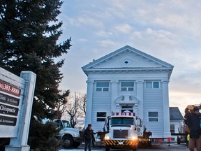 The historic bank of commerce building gets set to embark on its journey to the Kootenai Brown Pioneer Village in Pincher Creek. Greg Cowan photos/Pincher Creek Echo.