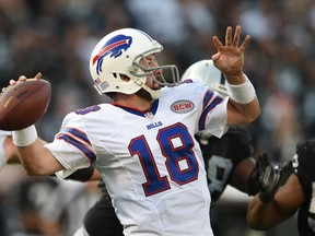Buffalo Bills quarterback Kyle Orton (18) passes the football against the Oakland Raiders during the third quarter at O.co Coliseum. The Raiders defeated the Bills 26-24. (Kyle Terada-USA TODAY Sports)