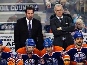 Edmonton's head coach Todd Nelson, left, and general manager Craig MacTavish, right, watch the play during the second period of the Edmonton Oilers' NHL hockey game against the Dallas Stars at Rexall Place in Edmonton, Alta., on Sunday, Dec. 21, 2014. Codie McLachlan/Edmonton Sun/QMI Agency