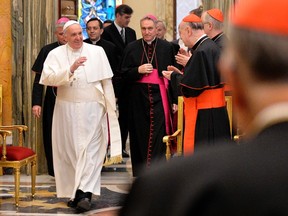 Pope Francis greets cardinals during an audience for Christmas greetings to the Curia in the Clementina hall at the Vatican December 22, 2014.  REUTERS/Andreas Solaro/Pool