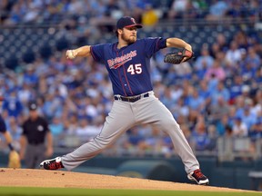 Minnesota Twins starting pitcher Phil Hughes (45) delivers a pitch in the first inning against the Kansas City Royals at Kauffman Stadium. (Denny Medley-USA TODAY Sports)
