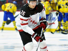 Canada’s #26 Curtis Lazar warms up before the starting of their pre-tournament IIHF hockey game against Sweden at the Canadian Tire Centre in Ottawa on Sunday, Dec. 21, 2014. (Matthew Usherwood/QMI Agency)