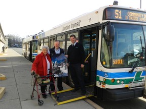 Long-time resident Mary Mitchell presents a card to two of the operators for the LTC Community Bus Program that enables Cherryhill Village residents to maintain their independence despite some having mobility challenges. “We so appreciate all that they do for us,” says Mitchell. “They (bus operators) are really caring people.”