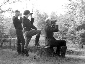 Keith Reynolds, left, Frances Jacobs (later Girling), centre, and Mel Dale, seated, right, all members of Nature London, visit Goldenwing Woods in 1937. (Photos courtesy of Nature London)
