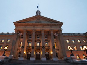 The Alberta Legislature is seen at sunset in Edmonton, Alta., on Tuesday, Nov. 25, 2014. The building, housing the provincial government and legislative body, is being decorated for the holidays. Ian Kucerak/Edmonton Sun