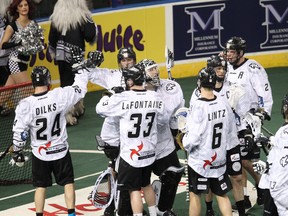 The Edmonton Rush celebrate winning their NLL game against the Toronto Rock at Rexall Place in February. (Ian Kucerak, Edmonton Sun)