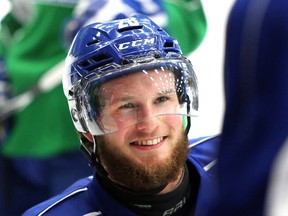 Sudbury Wolves defenceman Jonathan Duchesne smiles at practice last week. Duchesne has given the Wolves a gritty, physical presence on the back end since arriving via trade last month. Gino Donato/The Sudbury Star