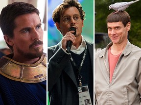 (L-R) Christian Bale in "Exodus: Gods and Kings," Johnny Depp in "Transcendence," and Jim Carrey in "Dumb and Dumber To."