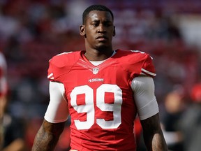 Aldon Smith #99 of the San Francisco 49ers is seen during pregame against the Washington Redskins at Levi's Stadium on November 23, 2014 in Santa Clara, California.  Ezra Shaw/Getty Images/AFP