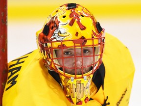 In 28 games this season, Belleville Bulls goaltender Charlie Graham has a 14-11-0-2 record with a 3.05 goals-against average and a .920 save percentage. AARON BELL/OHL IMAGES