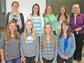 Nine students from Mitchell District High School (MDHS) recently attended the 36th annual Ontario Student Leadership Conference in Niagara Falls. They are (back row, left): Nicole Sykes, Katelyn Ludington, Jessica Schouwstra and Alannah Ross. Front row (left): Hailie Groot, Mikayla McMann, Zoey Pulles and Lindsey Melanson. Joining students is student council advisor and teacher Heather Cumming (back, right). Absent was Alyssa Bublitz. KRISTINE JEAN/MITCHELL ADVOCATE