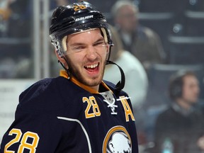 Zemgus Girgensons of the Buffalo Sabres warms up to play the New York Islanders at First Niagara Center on April 13, 2014 in Buffalo. (Jen Fuller/Getty Images/AFP)