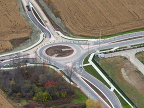 An aerial view of London?s newest roundabout, a two lane traffic control system at the intersection of Wonderland Rd. North and Sunningdale Rd., as seen looking northeast in London on October 29, 2014. The intersection will open fully to traffic on Friday. (CRAIG GLOVER/The London Free Press)