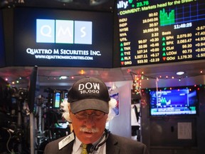 Trader Peter Tuchman wears a "Dow 18,000" cap as he works on the floor of the New York Stock Exchange in New York, Dec. 23, 2014.  REUTERS/Carlo Allegri
