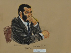 GUANTANAMO BAY - In this Pentagon-approved photograph of a sketch by artist Janet Hamlin, Omar Khadr, listens to closing arguments Oct. 30, 2010. The Toronto-born detainee pleaded guilty to five war crimes, including murder for the death of U.S. Delta Force soldier Christopher Speer.