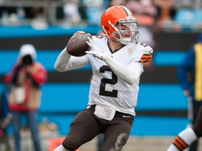 Cleveland Browns quarterback Johnny Manziel prepares to throw the ball during NFL play against the Carolina Panthers at Bank of America Stadium. (Jeremy Brevard/USA TODAY Sports)