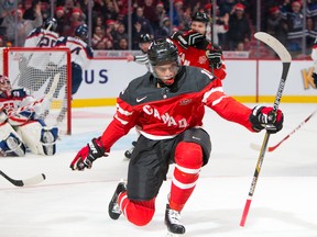 Team Canada forward Anthony Duclair celebrates his first period goal against Slovakia during the 2015 IIHF World Junior Championship in Montreal on Friday, Dec. 26. (Johany Jutras/QMI Agency)