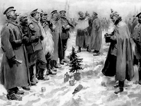 SUBMITTED PHOTO
This scene, which originally appeared in the Illustrated London News, depicts German and British soldiers meeting each other in No Man's Land on Christmas Eve, 1914. The Christmas tree was a factor in fostering the cease-fire.