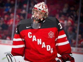 Team Canada goaltender Zachary Fucale  during the warm-up before the game between team Canada and team Slovakia during the 2015 IIHF World Junior Championship on Dec. 26, 2014 at the Bell Centre in Montreal, QC. (JOHANY JUTRAS/QMI Agency)