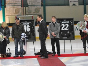Members of DJ Hancock's and Liam Kirkwood's families during the ceremony to retire both players' jerseys at Gerry McCrory Countryside Sports Complex on Saturday night.