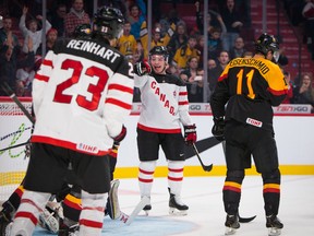 Canada's Max Domi celebrates after a goal against Germany during the 2015 IIHF World Junior Championship on December 27, 2014 at the Bell Centre. (JOHANY JUTRAS/LE JOURNAL DE MONTRÉAL/QMI AGENCY)