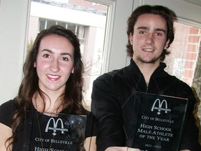 Emma McGarvey (NCC) and Aidan Bailey-McDade (Moira) hold their McDonald's Belleville High School Athletes of the Year awards at the 2013-14 presentations held Saturday at the Belleville Club. (Paul Svoboda/The Intelligencer)