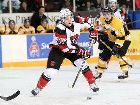 Dante Salituro moves the puck against Kingston on Sunday at TD Place. (Chris Hofley/Ottawa Sun)