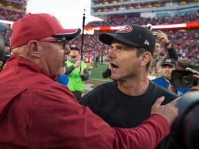 Cardinals head coach Bruce Arians (left) hugs 49ers head coach Jim Harbaugh (right) after the game at Levi's Stadium in Santa Clara, Calif., on Sunday, Dec. 28, 2014. (Kyle Terada/USA TODAY Sports)