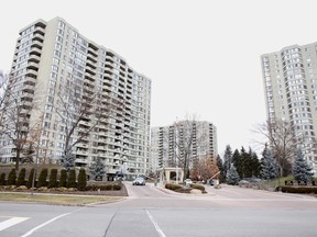 A lifeless body of a man in his 20s was pulled from a pool in this condo complex at 255 Bamburgh Cir. in Scarborough. (ERNEST DOROSZUK/Toronto Sun)