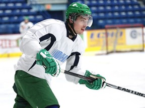 Sudbury Wolves defenceman Jeff Corbett skates hard during team practice on Monday afternoon. The Wolves will be wearing their new green jerseys for the first time this season Tuesday night when the Mississauga Steelheads visit Sudbury Community Arena.