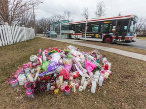 A memorial at the corner of Finch Ave. E. and Neilson Rd in Toronto on Monday December 29, 2014 for Amaria Diljohn, 14, who was killed by a TTC bus. (Ernest Doroszuk/Toronto Sun)