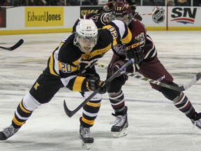 Kingston Frontenacs defenceman Roland McKeown, in action against the Peterborough Petes on Dec. 19, scored his first goal of the season Sunday in Ottawa. (Julia McKay/The Whig-Standard)
